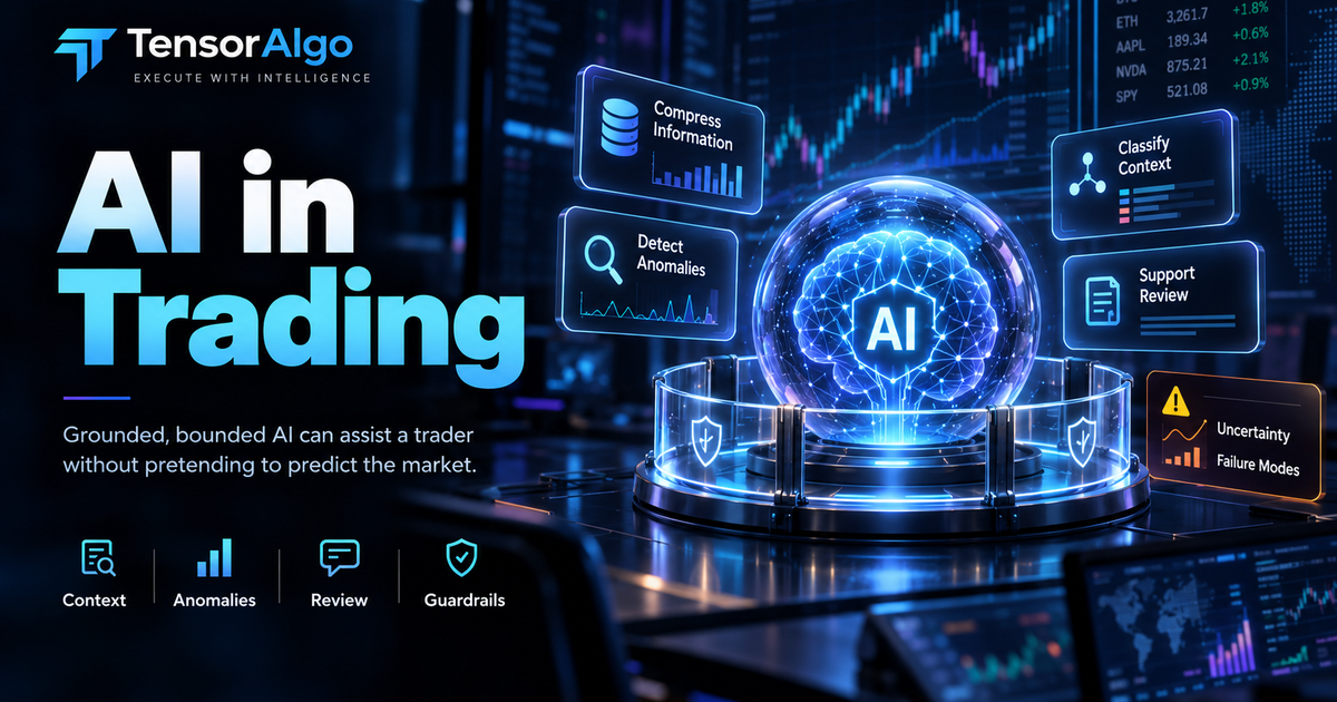 AI-assisted trading illustration connecting market data, model analysis, uncertainty, validation and human decision control.