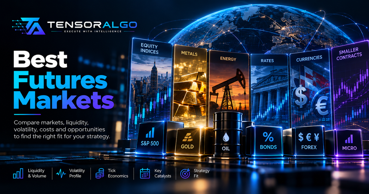 Futures-market comparison illustration representing equity indices, metals, energy, rates and currencies through liquidity and contract economics.