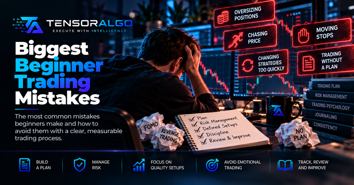 Beginner trader reviewing common execution mistakes including oversizing, chasing entries and moving stops