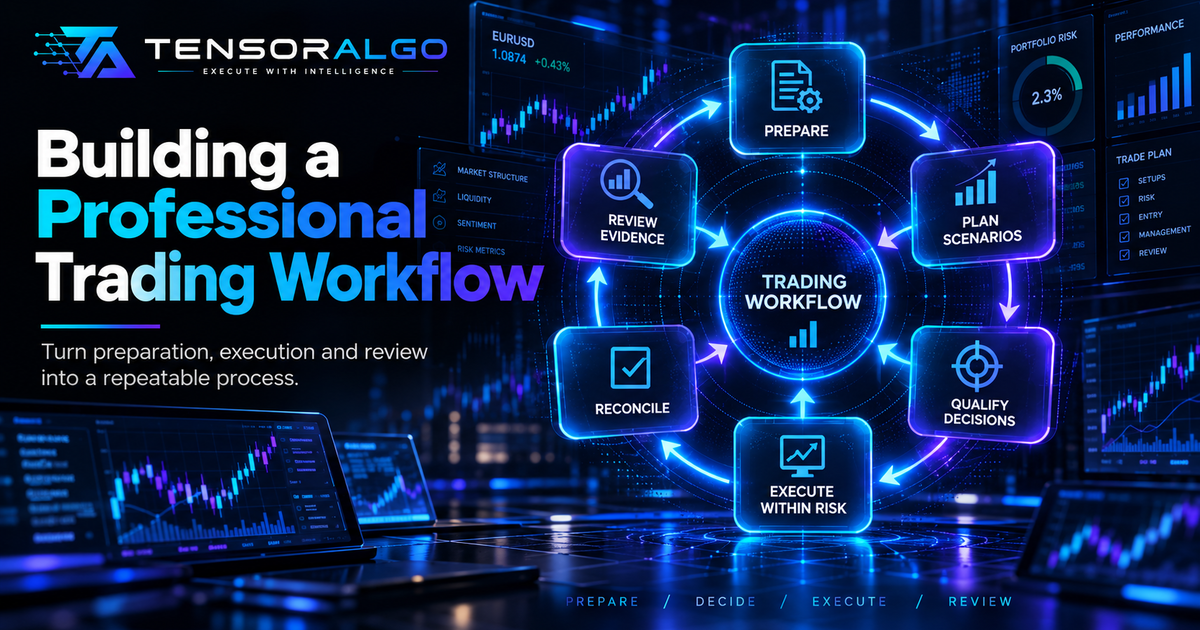 Professional trading-workflow illustration moving from pre-session preparation and scenario planning through execution, reconciliation and review.
