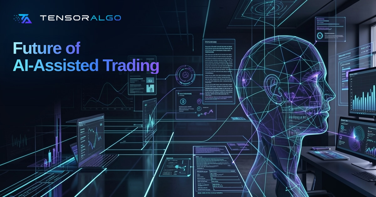 Future AI-assisted trading illustration connecting grounded agents, market context, memory, permissions, evaluation and human control.