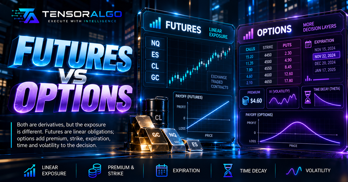 Side-by-side derivatives illustration comparing linear futures exposure with nonlinear options payoff profiles