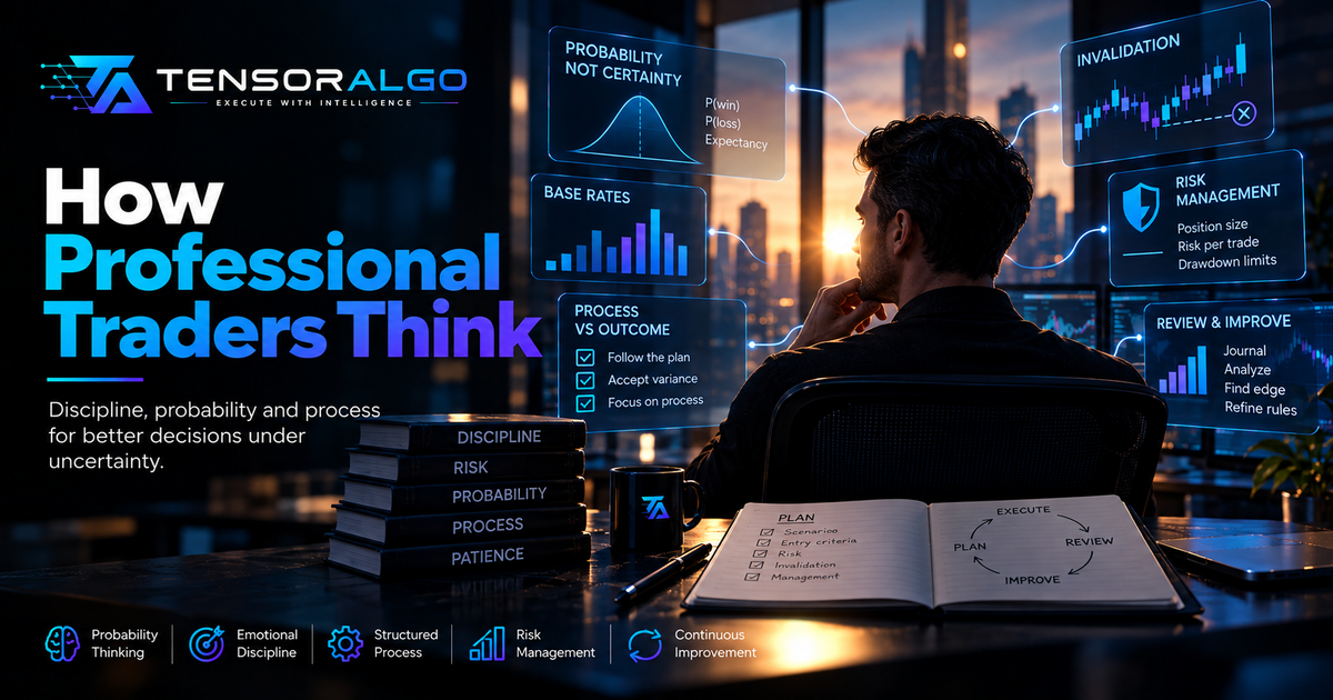 Professional trading decision-framework illustration centered on probability, base rates, invalidation, controlled risk and process quality.