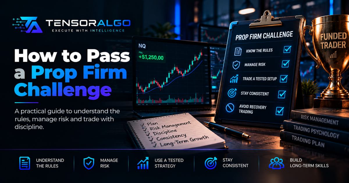 Prop firm evaluation dashboard with drawdown limits, position sizing and disciplined risk controls