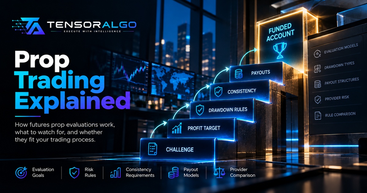 Futures prop-trading illustration representing evaluation rules, profit targets, drawdown limits, consistency constraints and payout conditions.