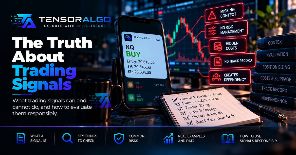 Trading alert interface contrasted with transparent setup rules, risk levels and decision context
