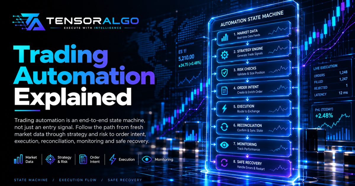 Trading-automation illustration connecting live market data, strategy rules, risk checks, order execution, reconciliation and monitoring.