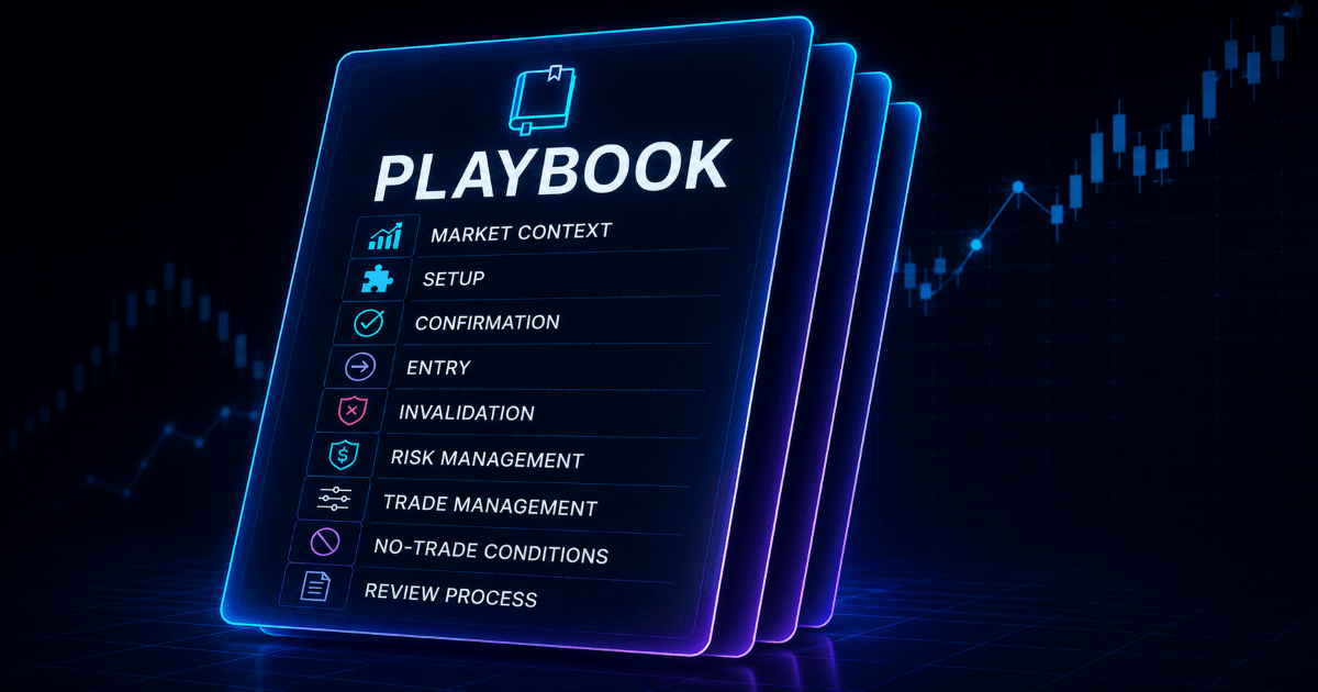 Trading playbook workflow showing market context, setup, entry, risk, management, and review.