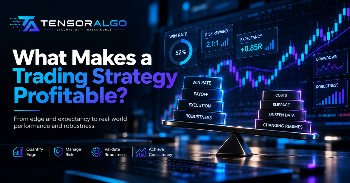 Trading-strategy evaluation illustration balancing win rate, payoff, costs, sample size, robustness and changing market regimes.