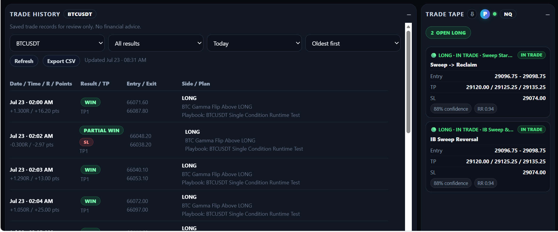 Trade Tape controls for sorting and showing planned setups