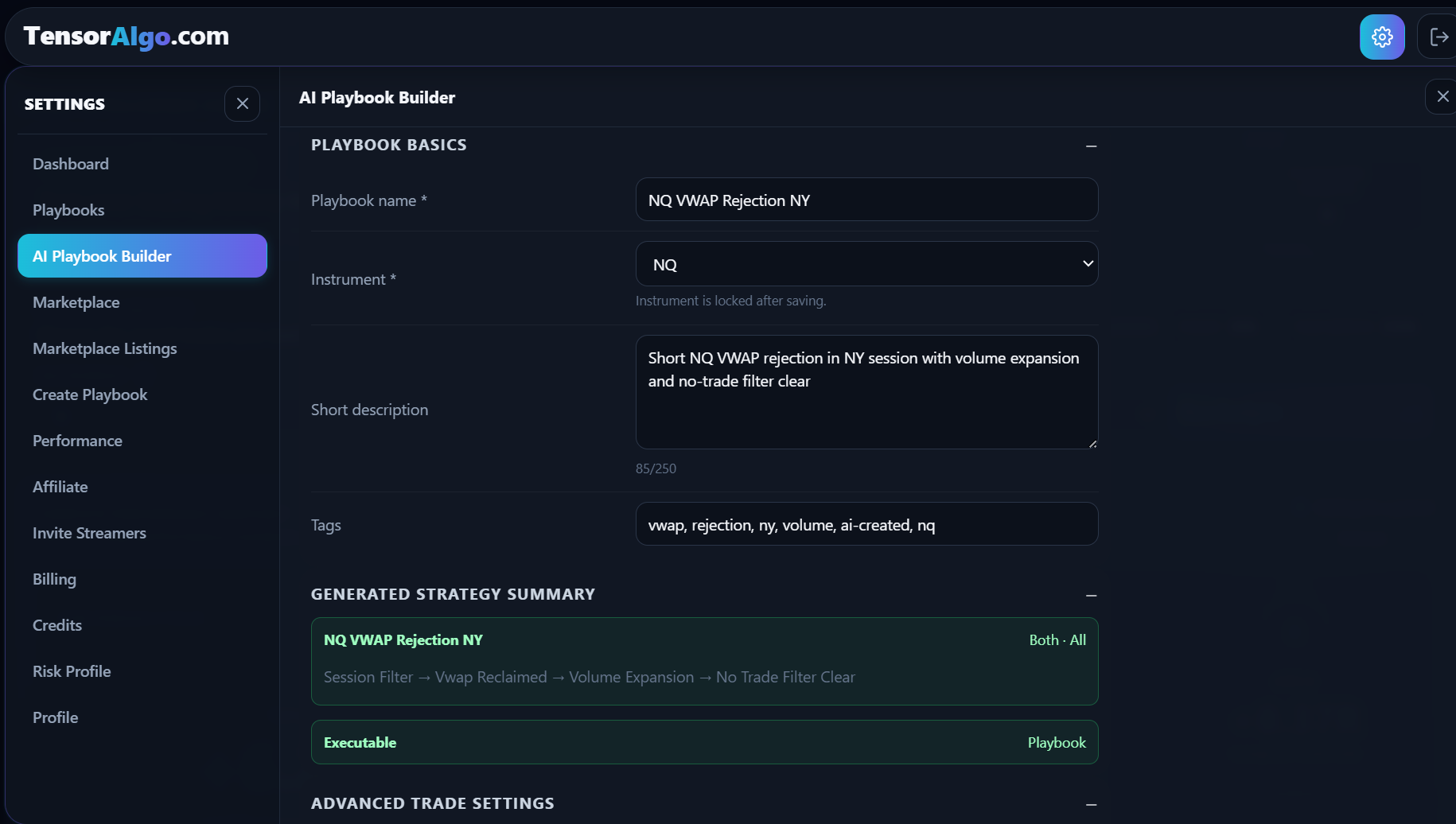 Generated Playbook basics and executable strategy summary