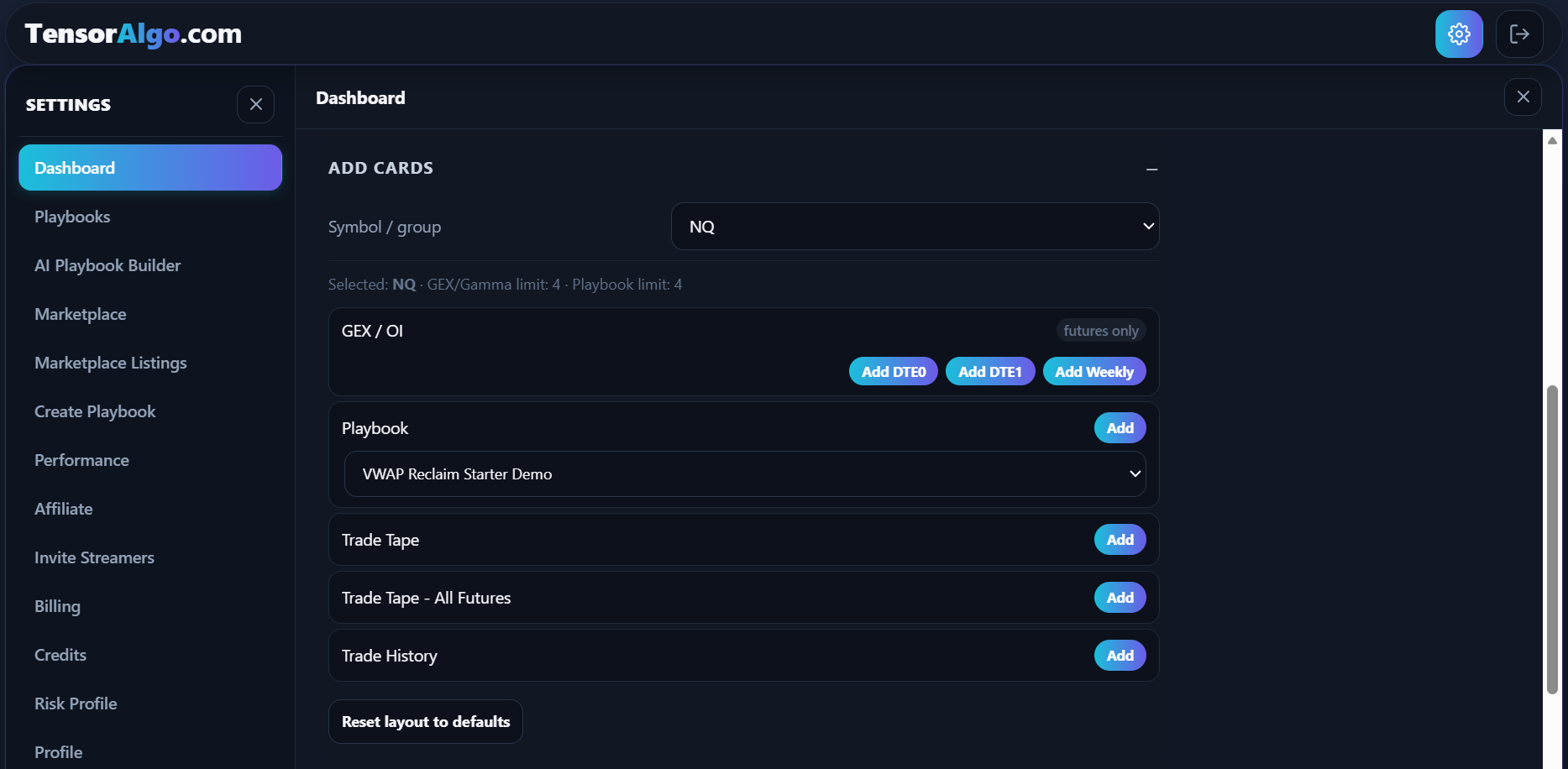 Dashboard settings showing the symbol selector and available card types