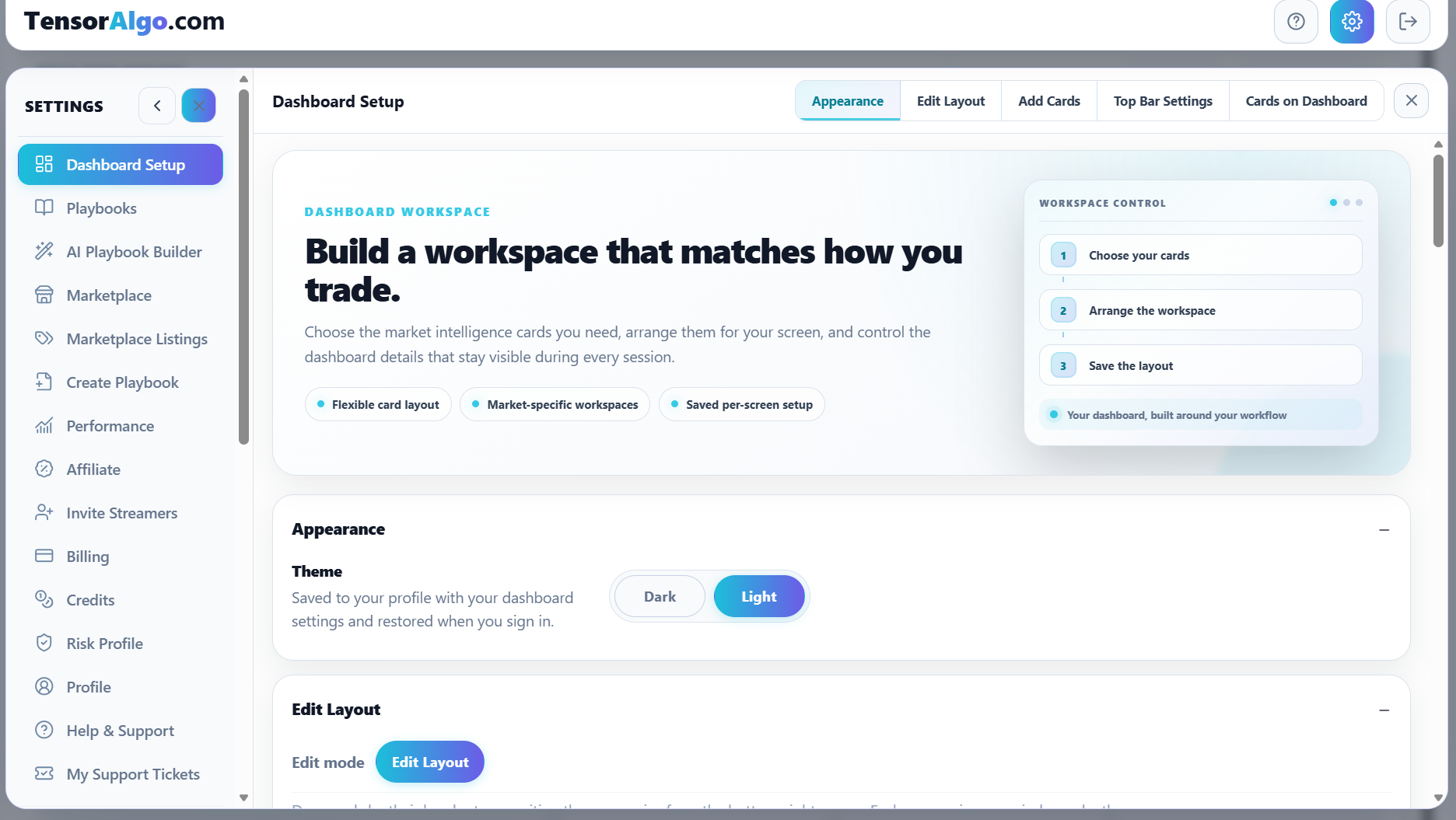 Dashboard Setup overview with appearance, layout, cards, and top-bar settings