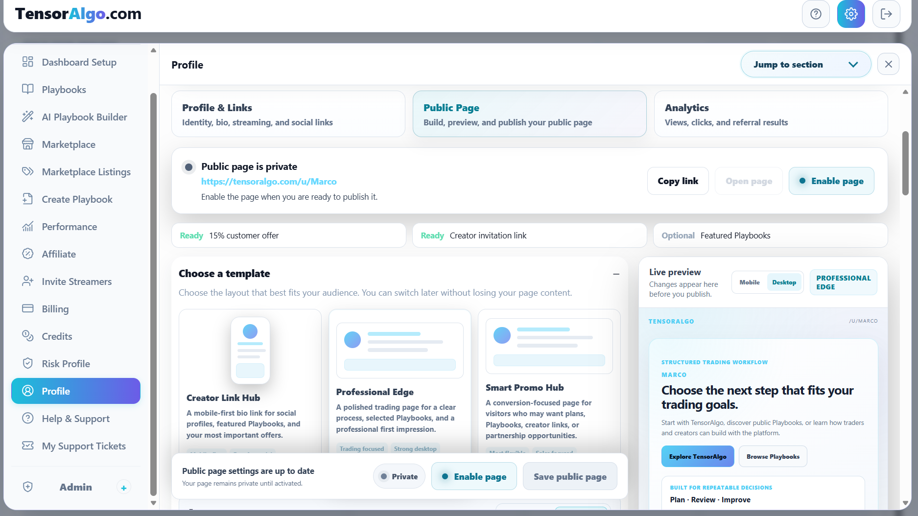 Public Page builder with page status, templates, and desktop live preview