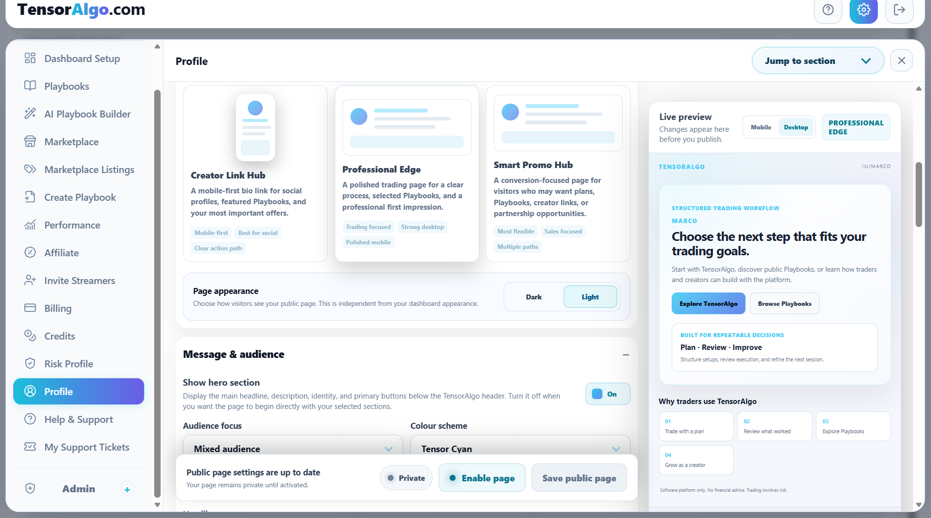Public Page template selection, appearance control, and live desktop preview