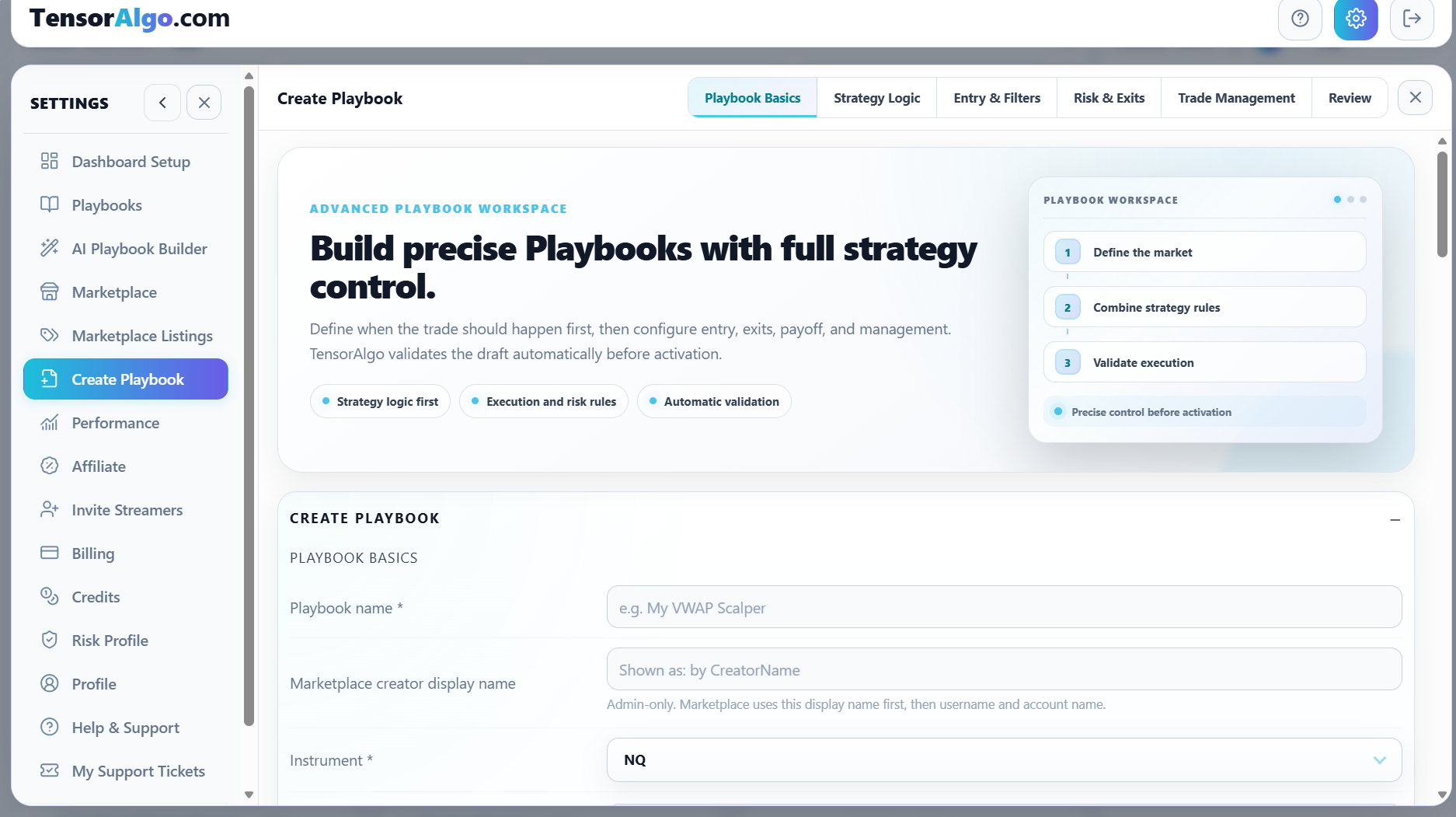 Manual Create Playbook workspace with the full builder navigation