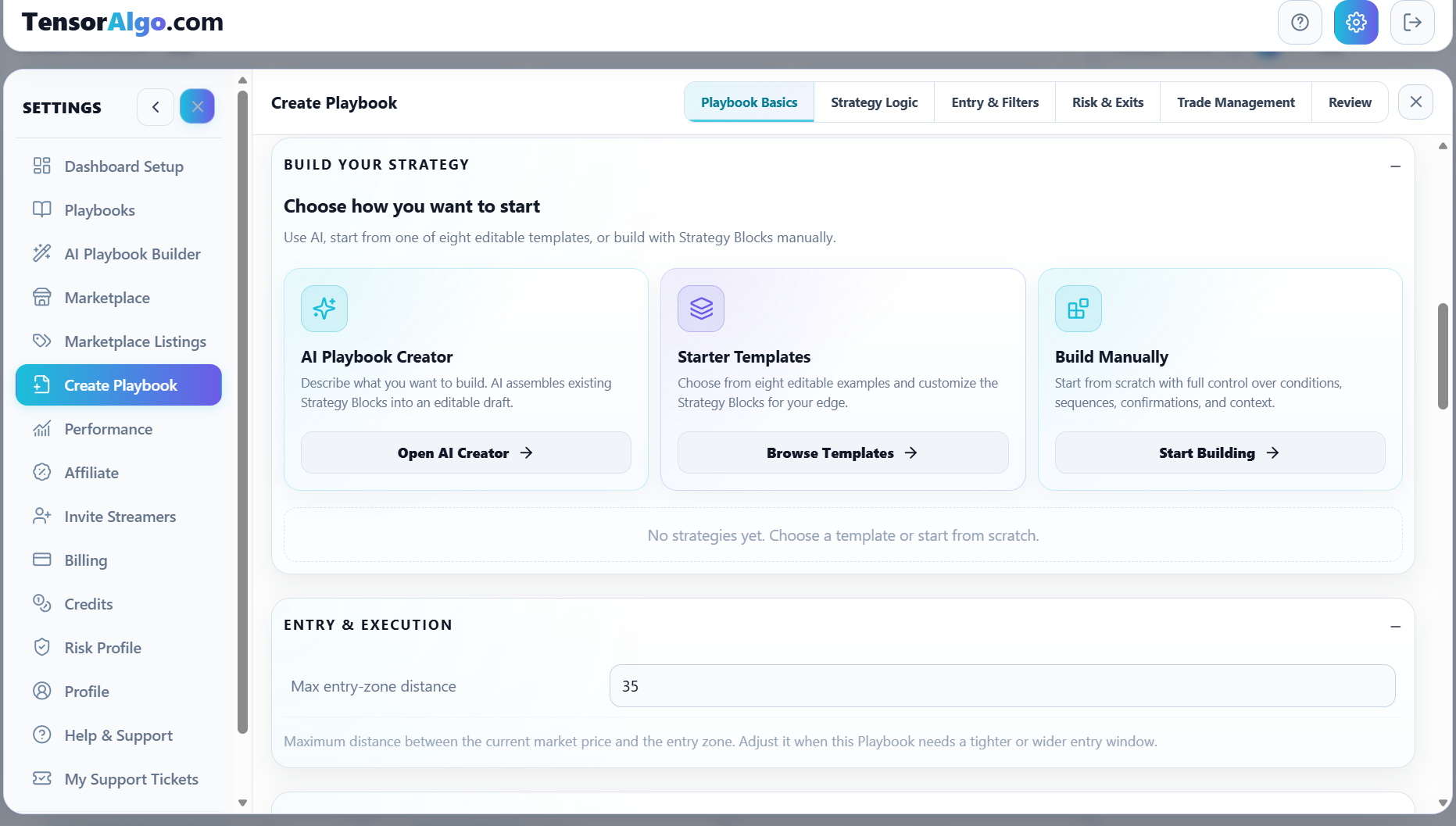 Create Playbook with AI, starter-template, and manual starting choices