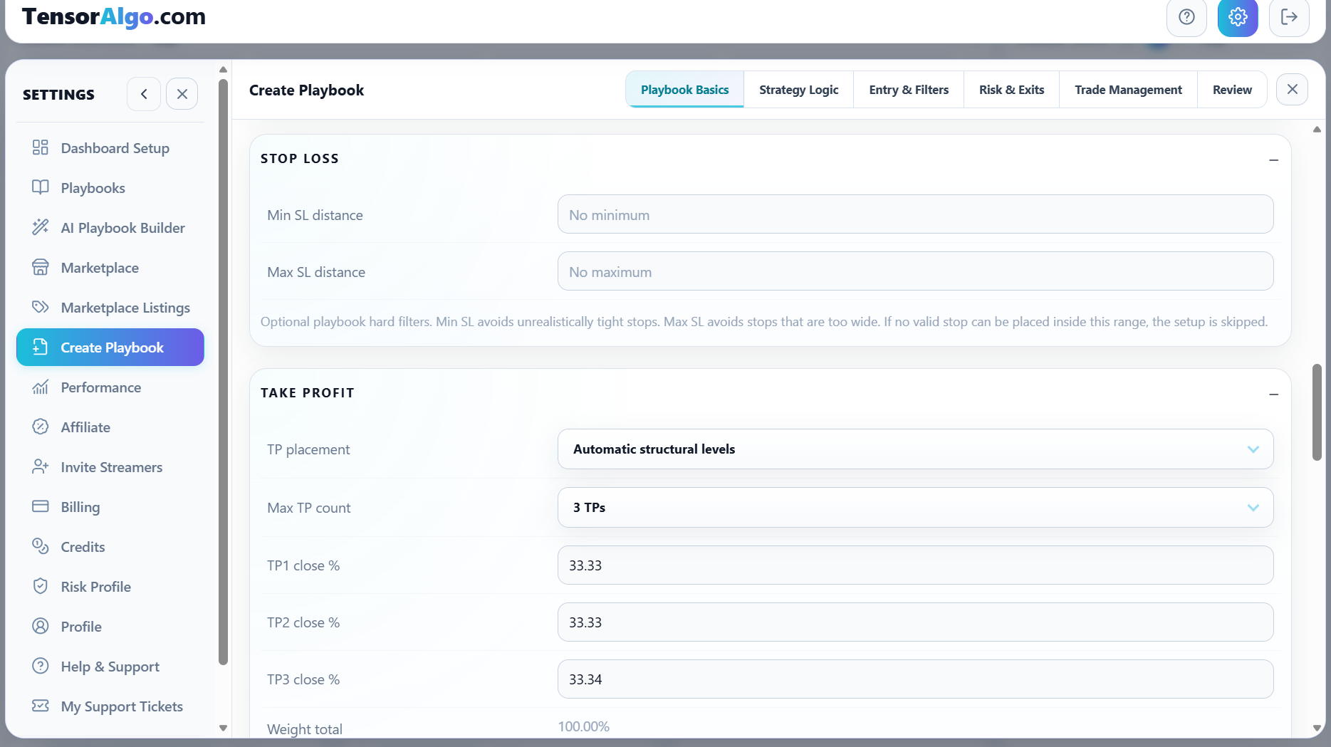 Stop-loss and take-profit configuration in the manual Playbook builder