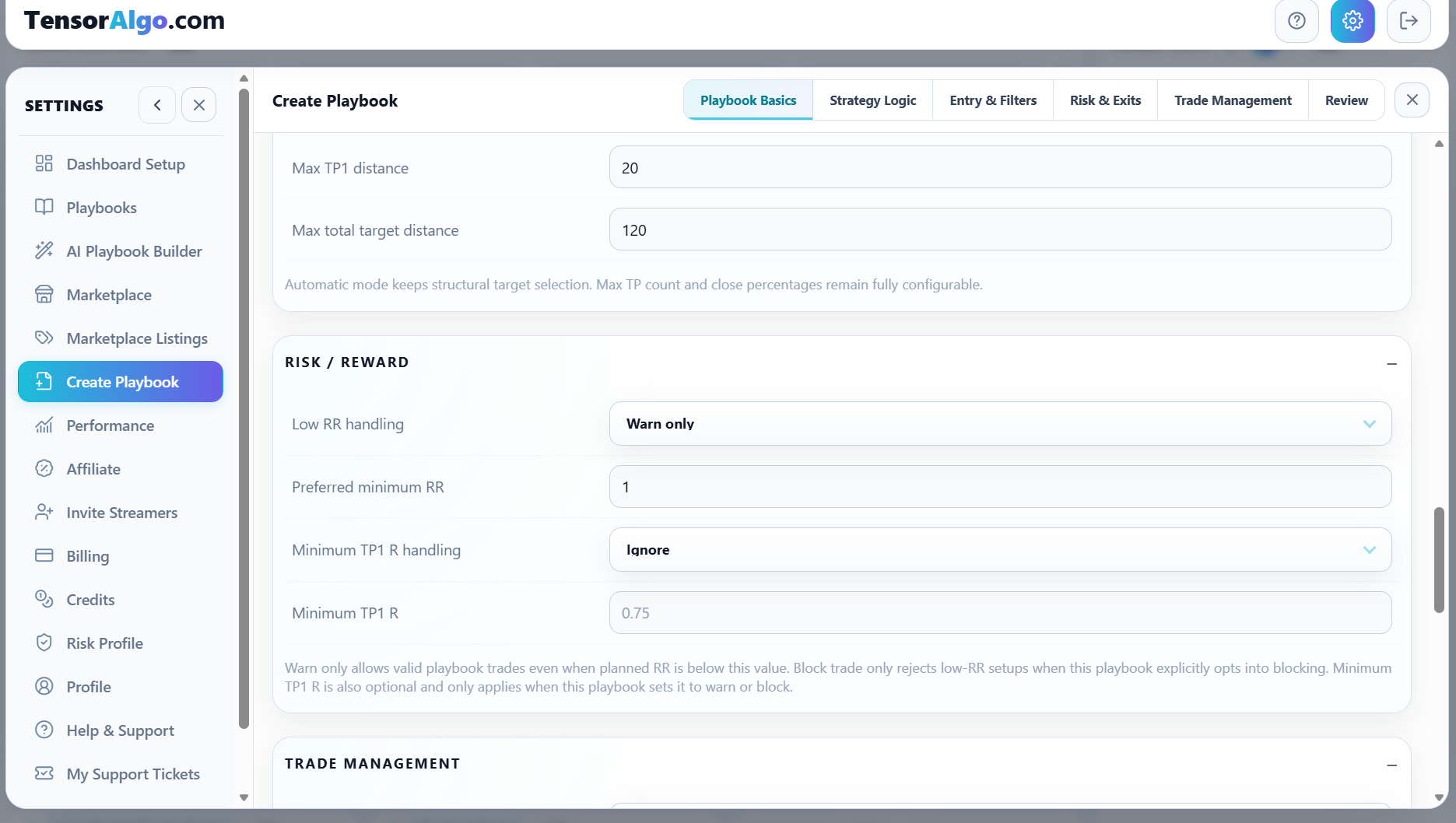 Risk/reward handling controls in Create Playbook
