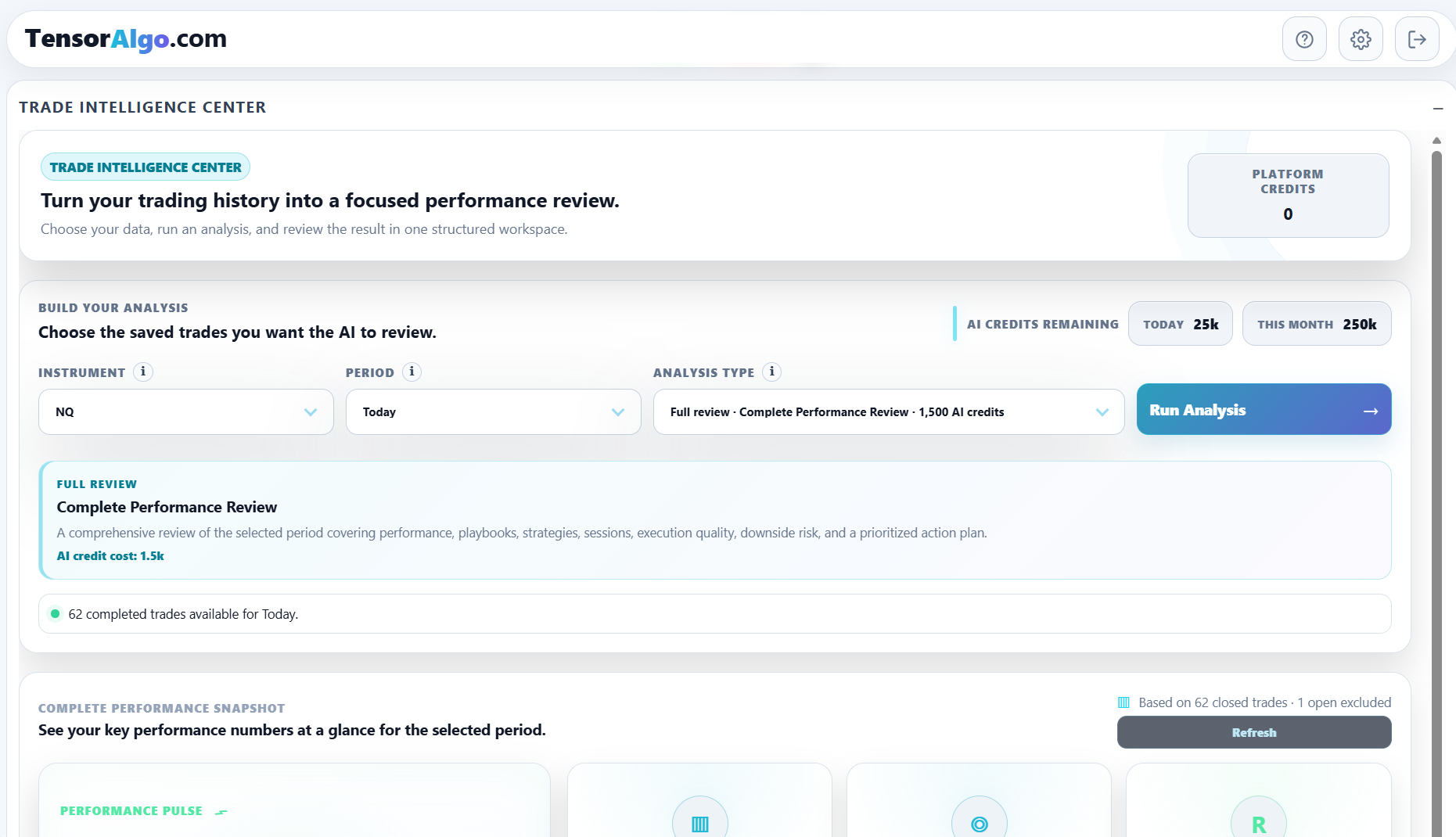 Trade Intelligence Center analysis workspace with review controls and performance snapshot
