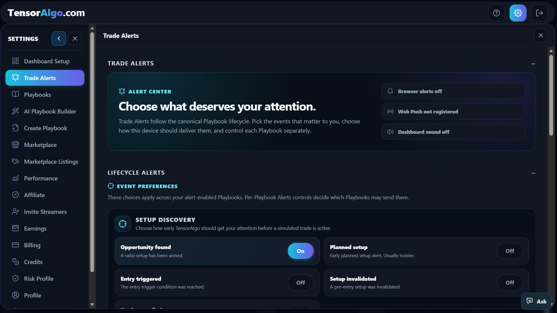 Trade Alerts Alert Center and Setup discovery event preferences